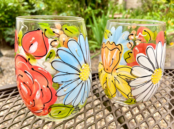 Floral Bouquet Gift Set - Hand Painted Flower Glass