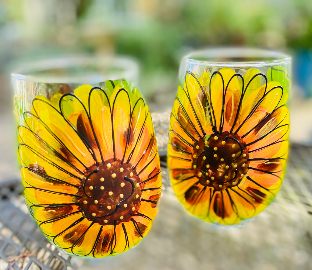 Floral Sunflower Yellow "Susan"  Hand Painted Sunflower Glass