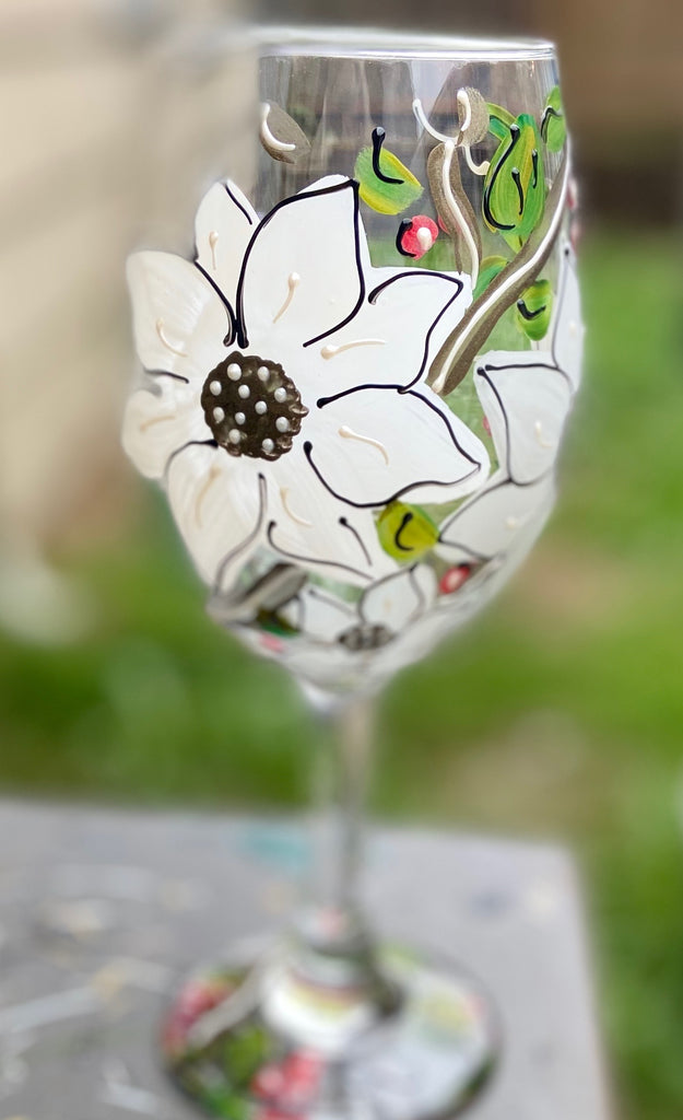Holiday White Poinsettia Hand Painted Floral Glass