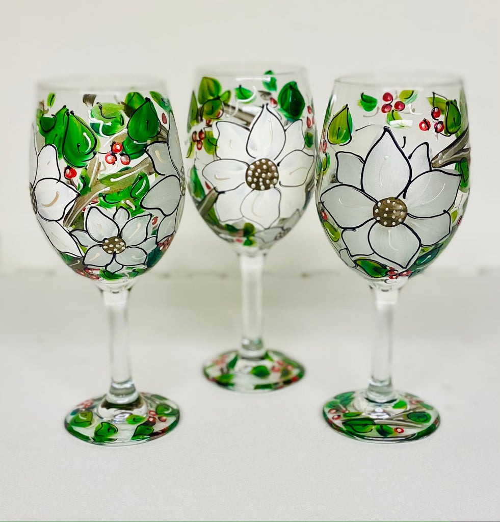 Poinsettia Flower Painted Wine Glass