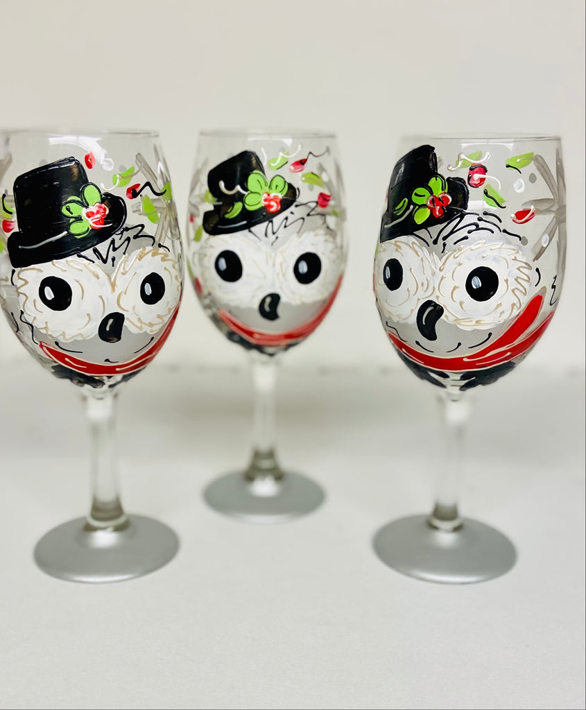 Holiday Horton Owl Hand Painted Wine Glass
