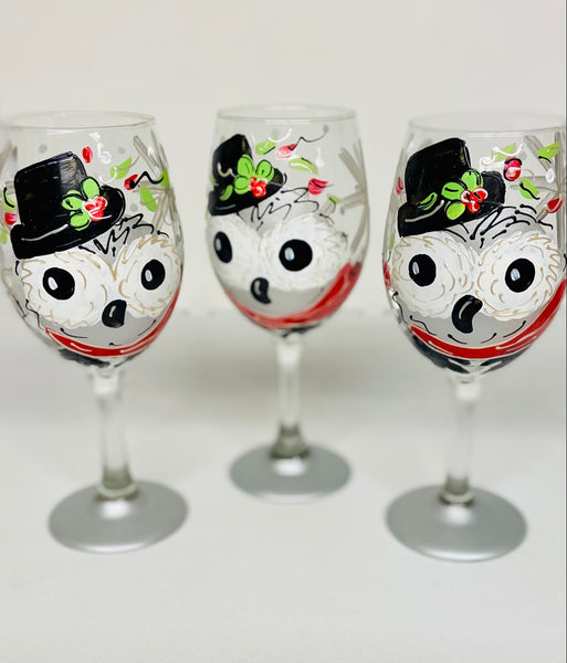 Holiday Horton Owl Hand Painted Wine Glass