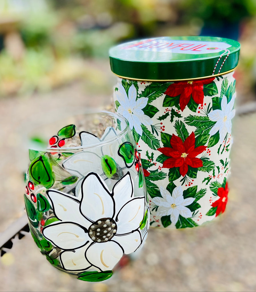 Holiday Poinsettia Gift Set - Hand Painted Stemless Glass & Gift Tin
