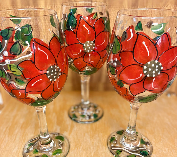 Holiday Red Poinsettia Hand Painted Floral Glass